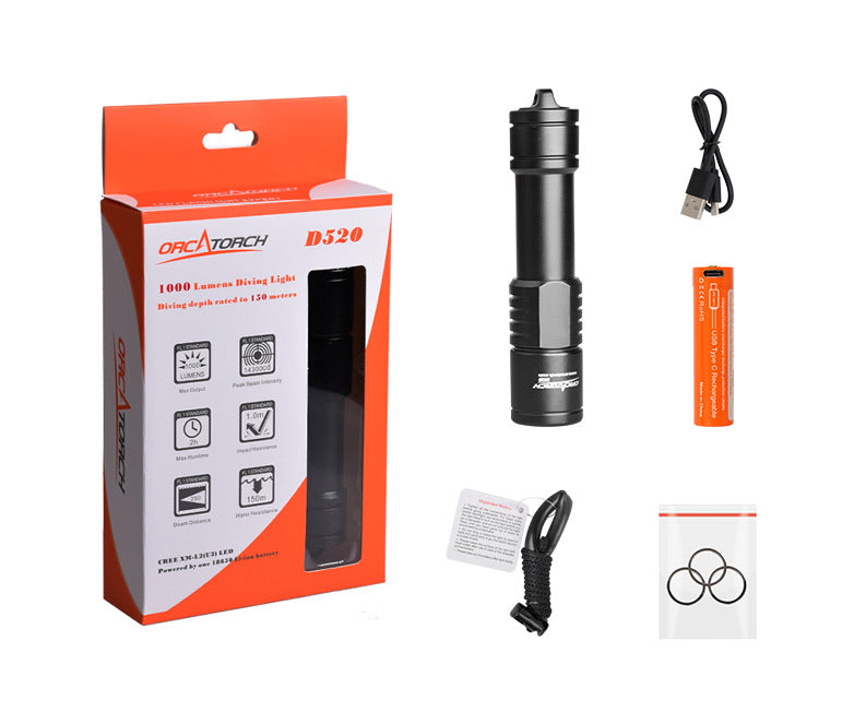 OrcaTorch D520 Rechargeable Dive Torch 1000 Lumens – BLACK