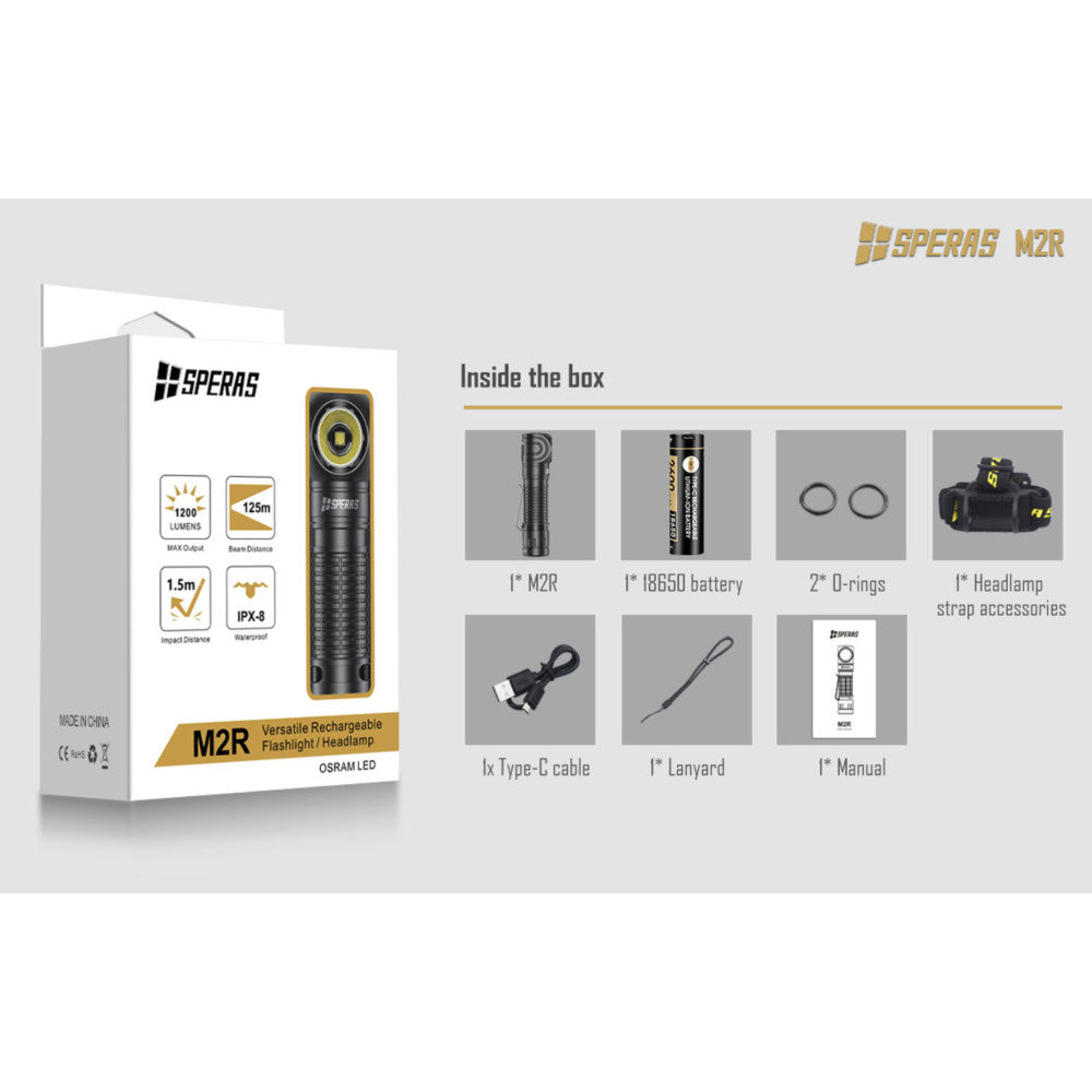 SPERAS M2R 1200 Lumen Rechargeable Flashlight/Headlamp - 125 Metres