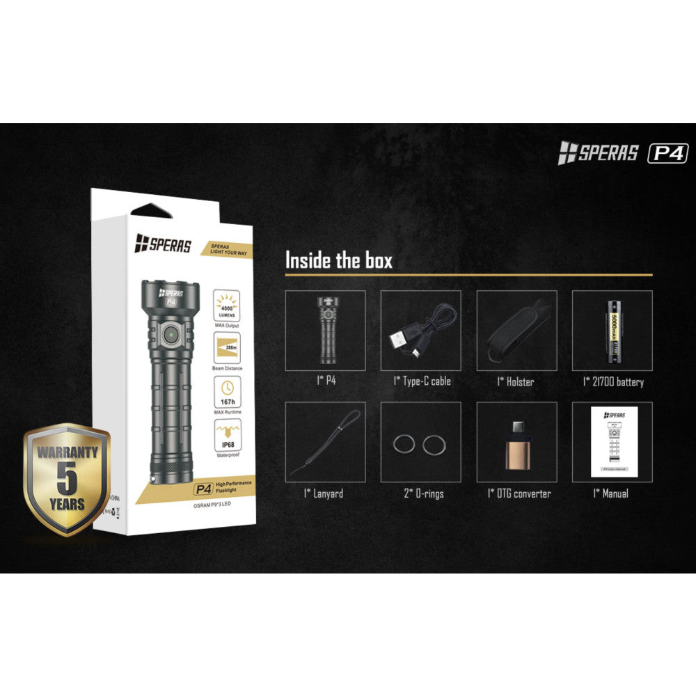 SPERAS P4 4000 Lumen Rechargeable Compact Flashlight - 288 Metres