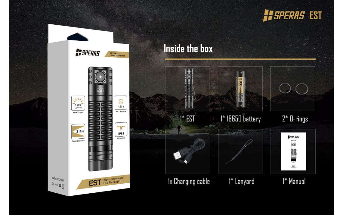 SPERAS EST 1900 Lumen USB-C Rechargeable Flashlight - 211 Metres