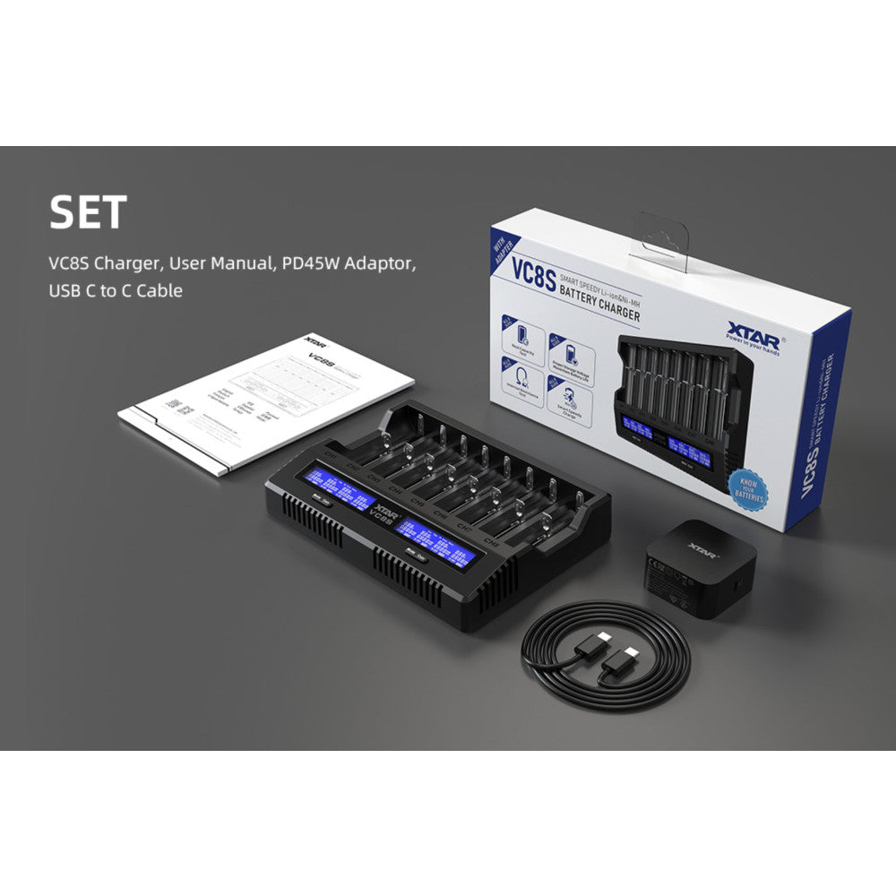 XTAR VC8S Fast Charging 8-Bay Battery Charger with PD45W Adapter
