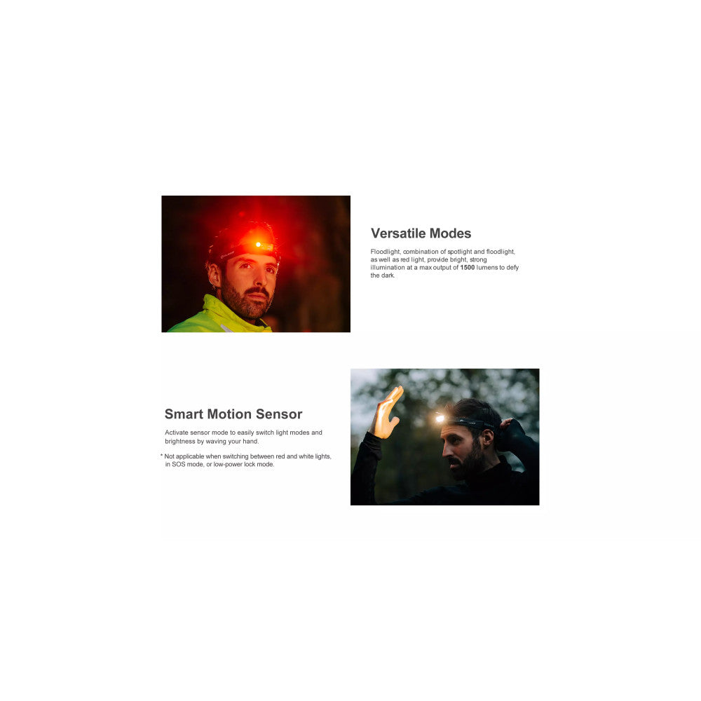 Olight Array 2 Pro 1500 Lumen Rechargeable Headlamp with Sensor Control (Flood, Spot and Red Light) - 150 Metres