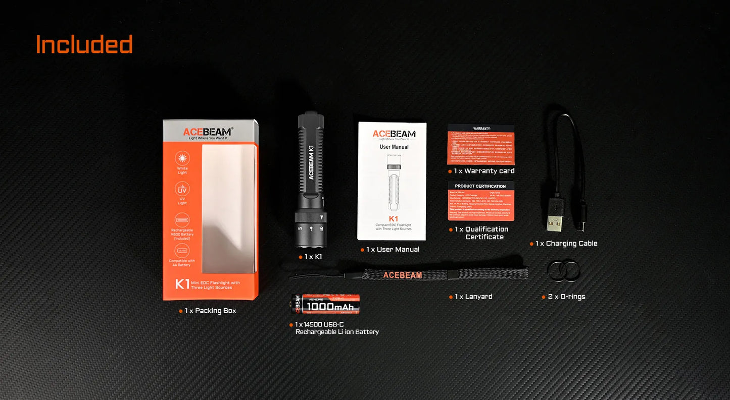 AceBeam K1 1000 Lumen EDC Flashlight with 3 Light Sources - 223 Metres