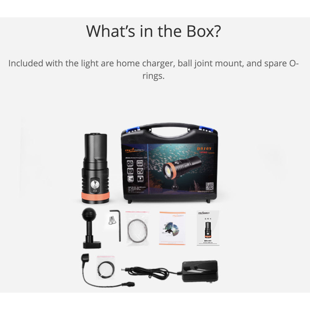 OrcaTorch D910V 5000 Lumen Rechargeable High CRI Diving Light for Underwater Videography