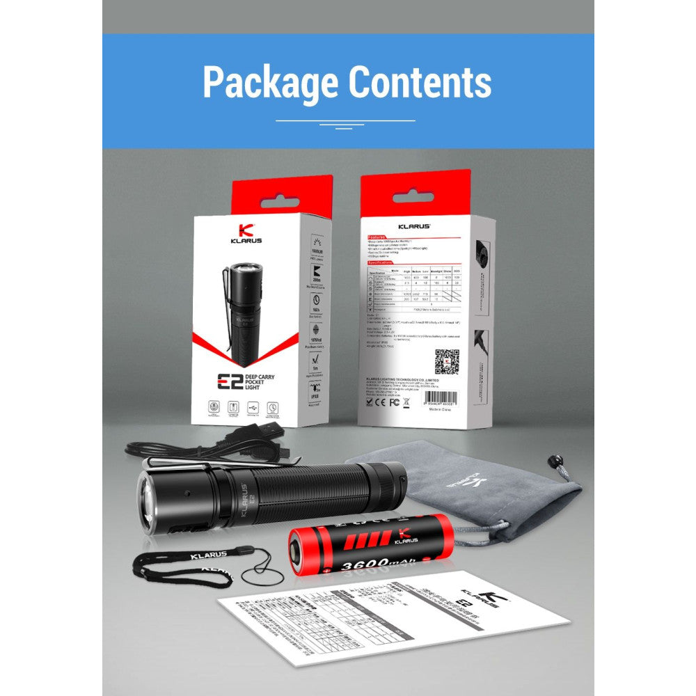 Klarus E2 1600 Lumen Rechargeable Deep Carry Pocket Flashlight - 190 Metres