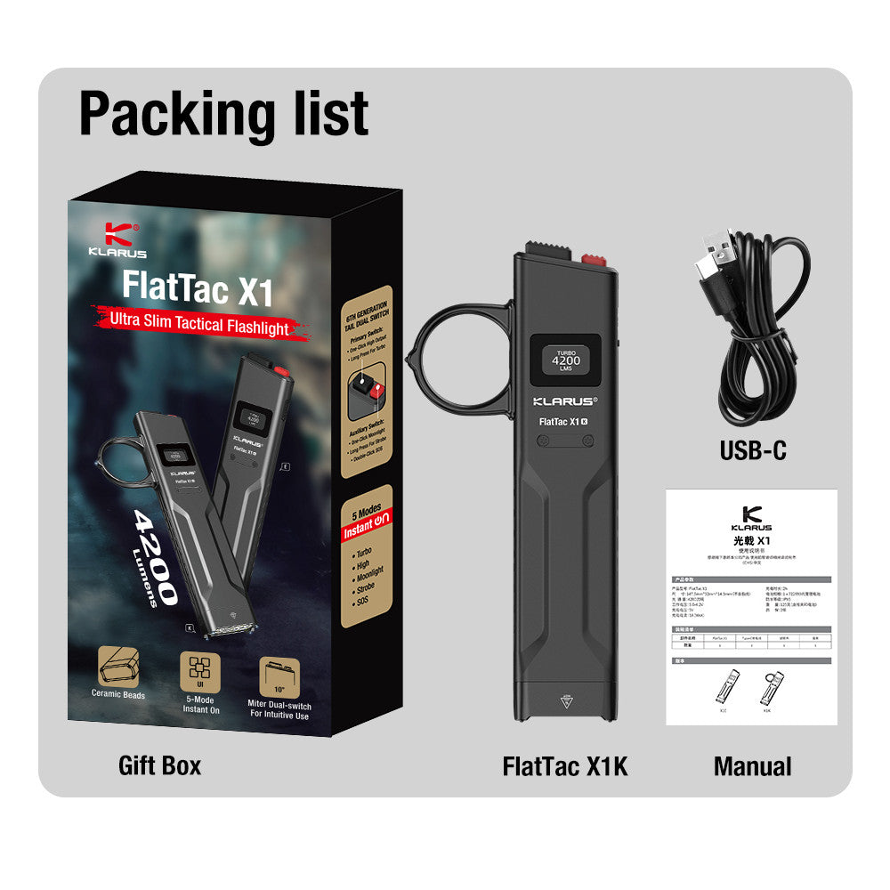 Klarus FlatTac X1 4200 Lumen Rechargeable Pocket Flashlight with Knuckle Ring - 185 Metres