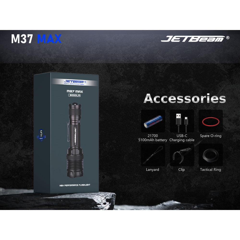 JETBeam M37 Max 5000 Lumen Rechargeable Triple Switch Tactical Flashlight - 450 Metres