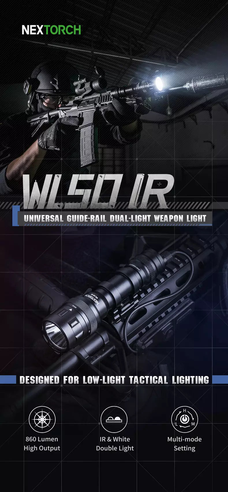 NEXTORCH WL50IR Dual Light Flashlight - 860 Lumen White Light and 850nm IR Light