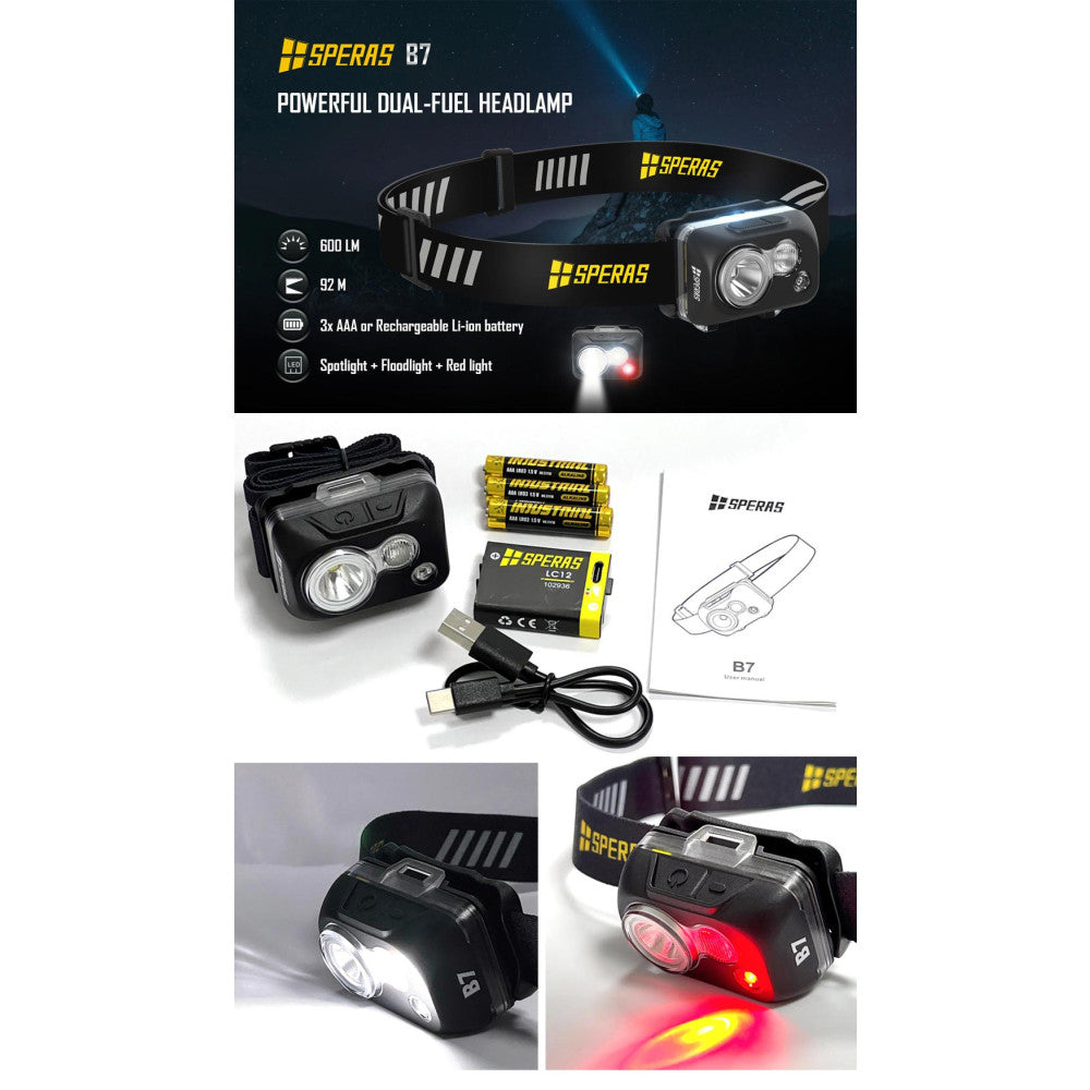 SPERAS B7 600 Lumen Dual-Fuel Lightweight Headlamp with Red Light - 92m