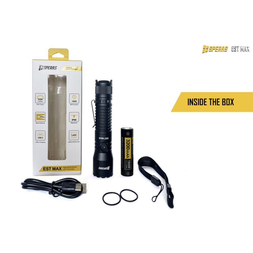 SPERAS EST Max 2500 Lumen Rechargeable Flashlight - 279 Metres