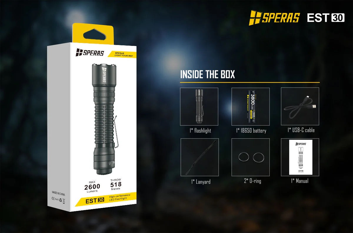 SPERAS EST30 2600 Lumen Tactical Flashlight - Instant One-Step Strobe Outdoor Torch