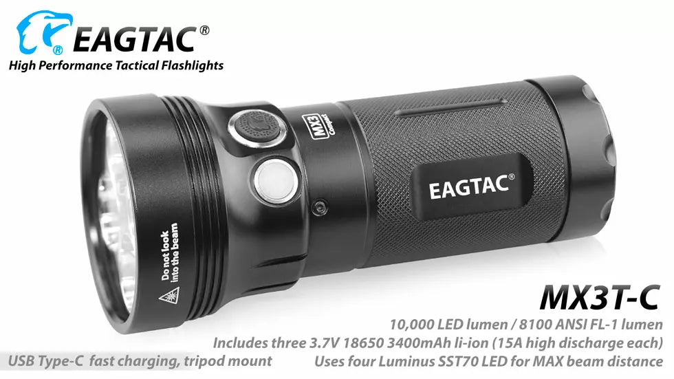 EagleTac MX3T-C 10,000 Lumen USB-C Rechargeable Flashlight/Power Bank