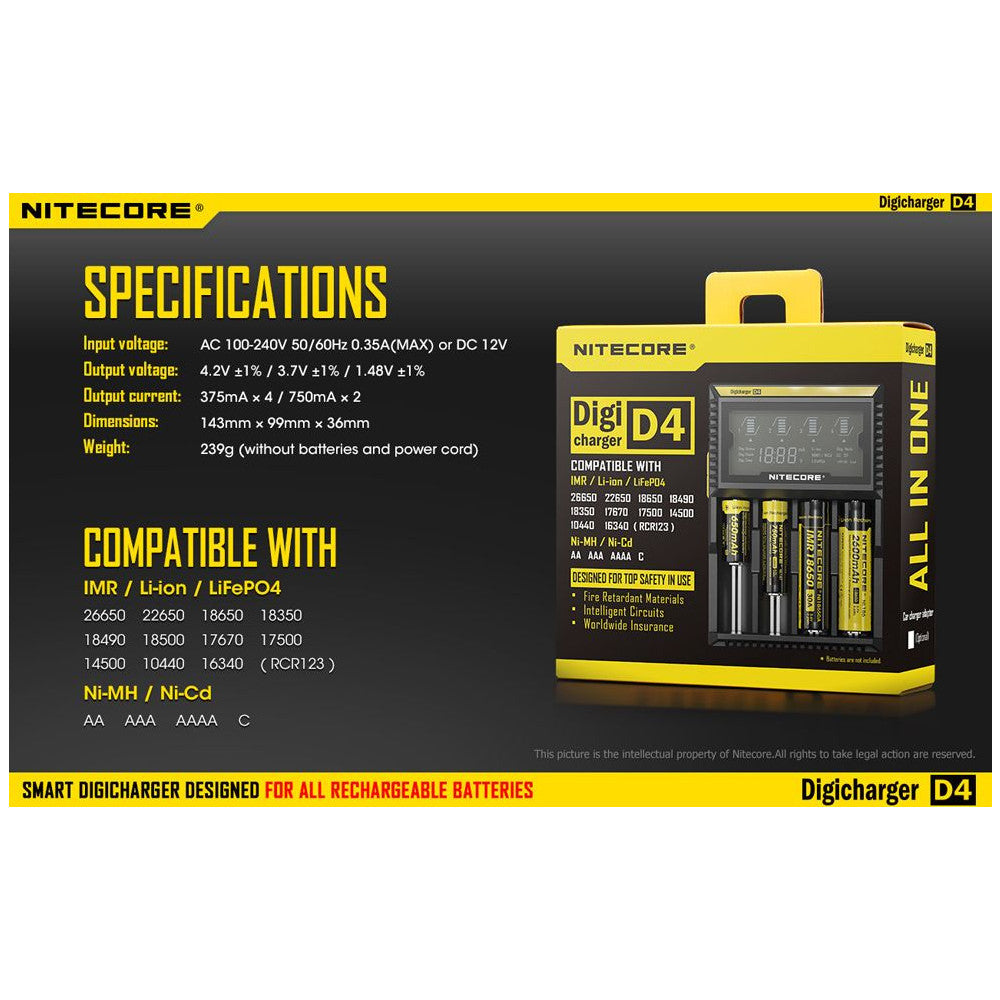 Nitecore D4 Digicharger 4 Channel Smart Charger Li-ion, Ni-Cd and Ni-MH