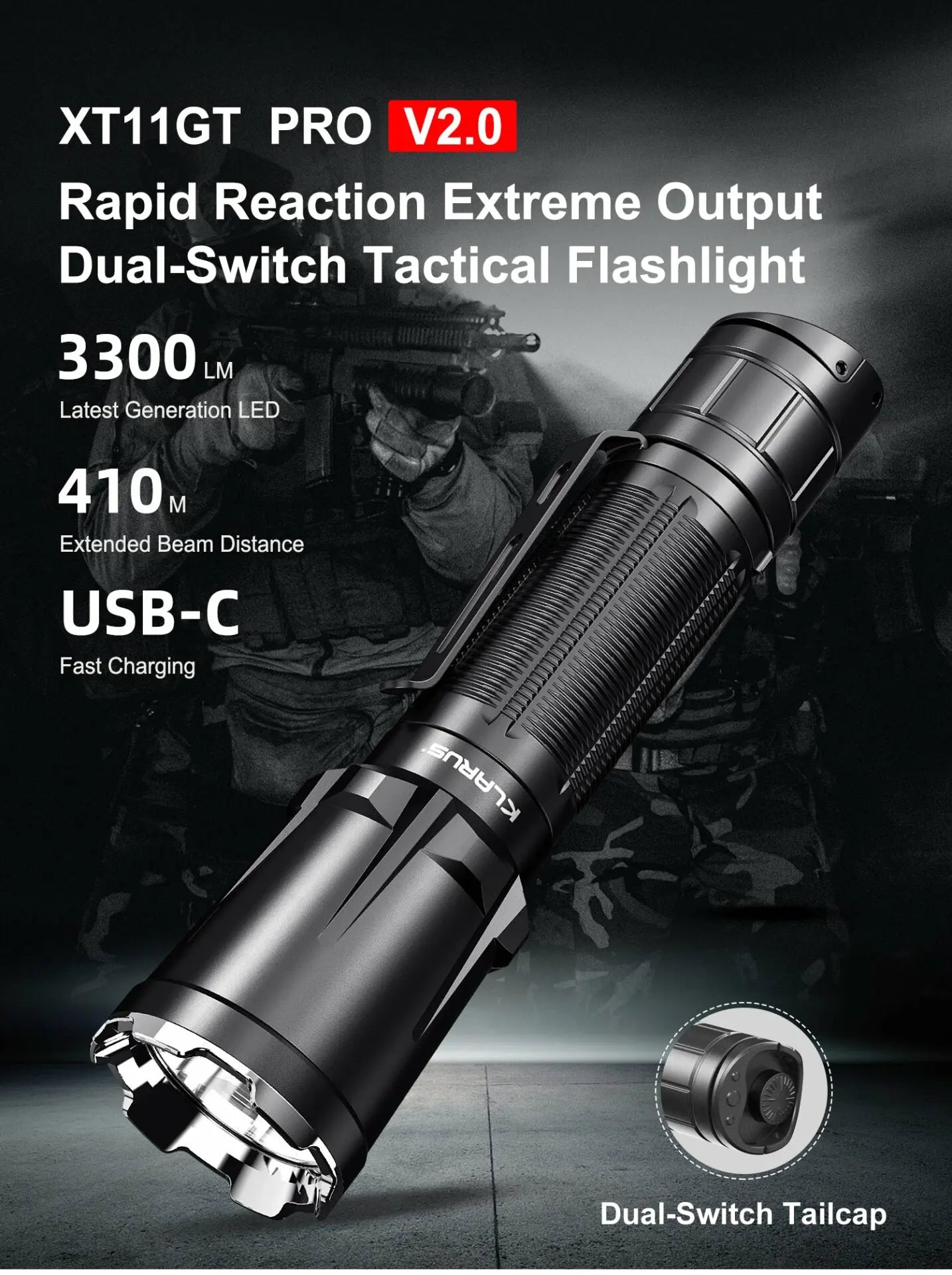 Klarus XT11GT Pro V2.0 3300 Lumen Rechargeable Tactical Torch