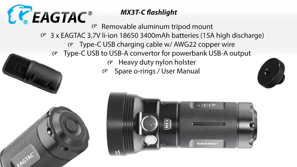 EagleTac MX3T-C 10,000 Lumen USB-C Rechargeable Flashlight/Power Bank