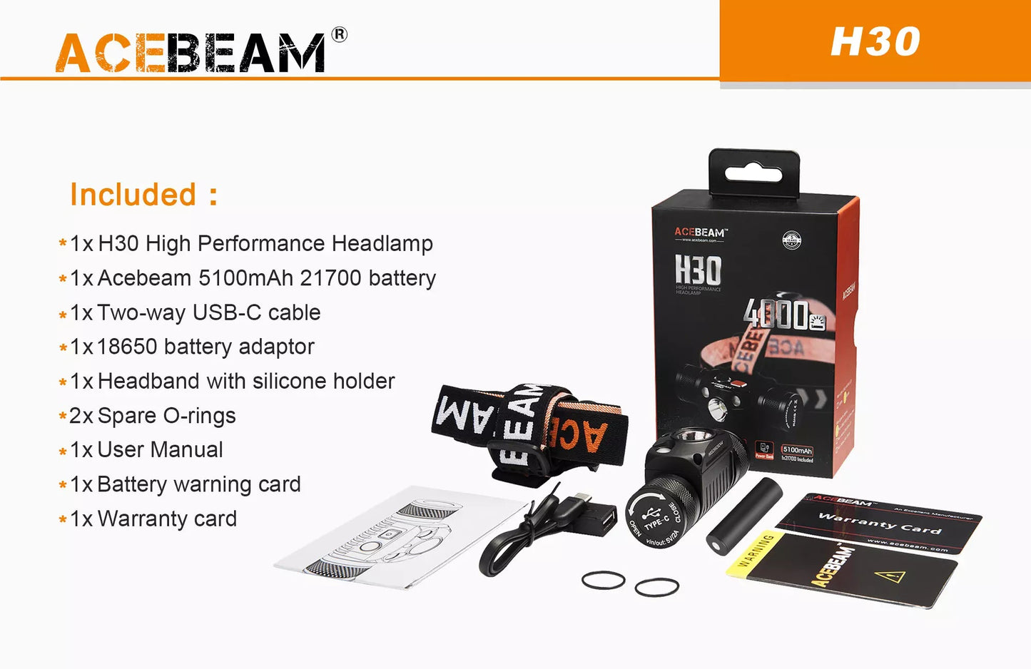 AceBeam H30 4000 Lumen Red and Green Rechargeable Headlamp - Torch Depot