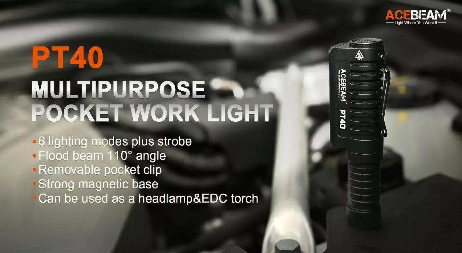 AceBeam PT40 3000 Lumen Rechargeable Multipurpose Pocket Work Light - Torch Depot