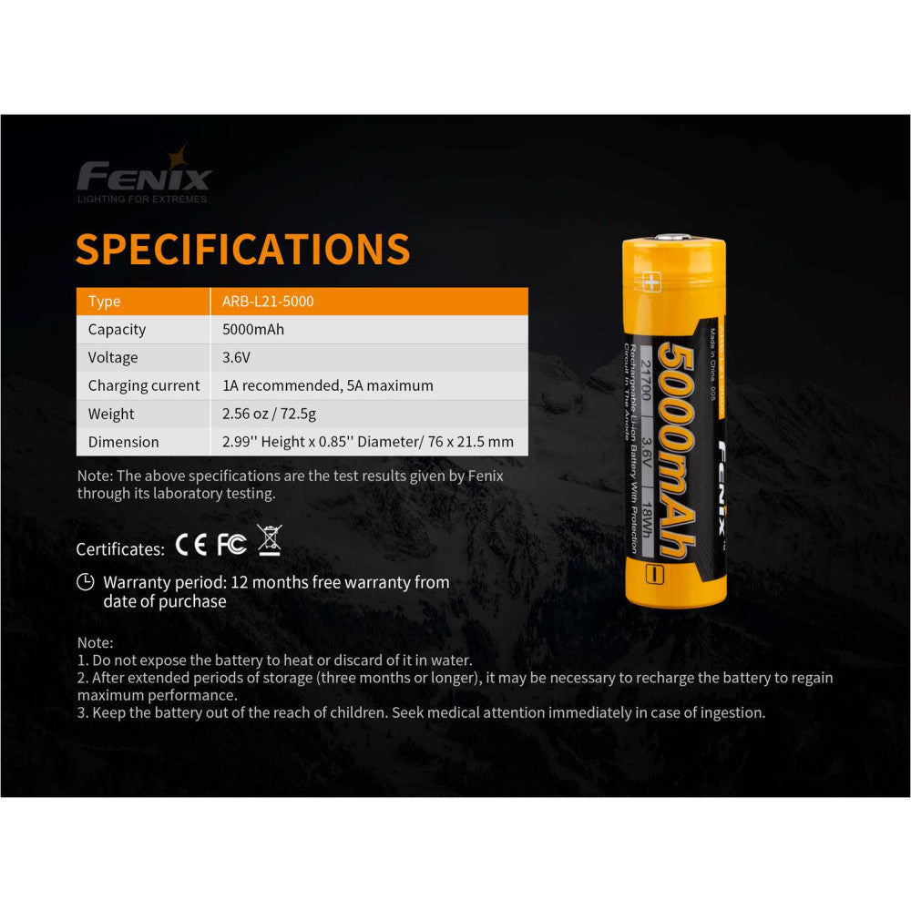 Fenix 21700 5000mAh Li-ion Rechargeable Battery ARB-L21-5000