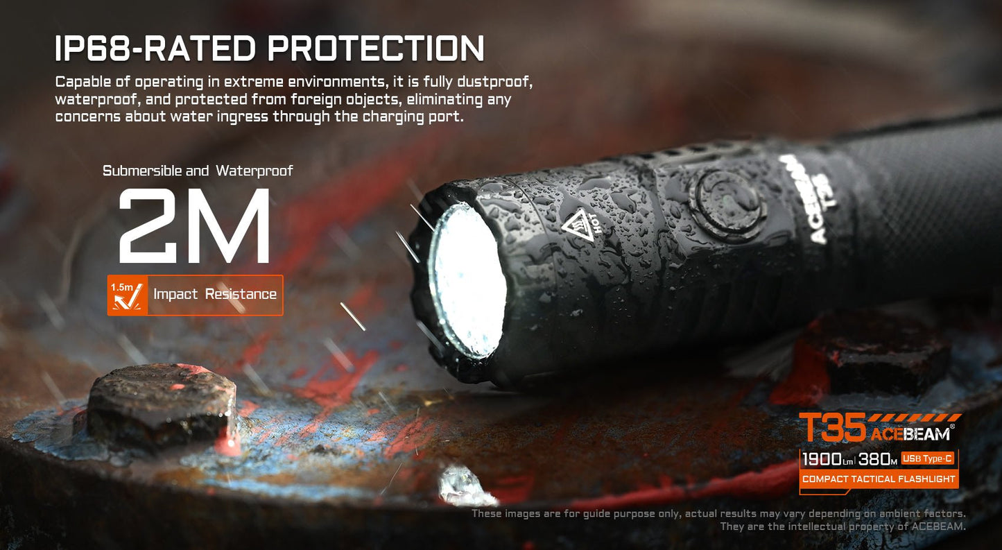 AceBeam T35 Desert 1900 Lumen Rechargeable Compact Tactical Flashlight - 380 Metres