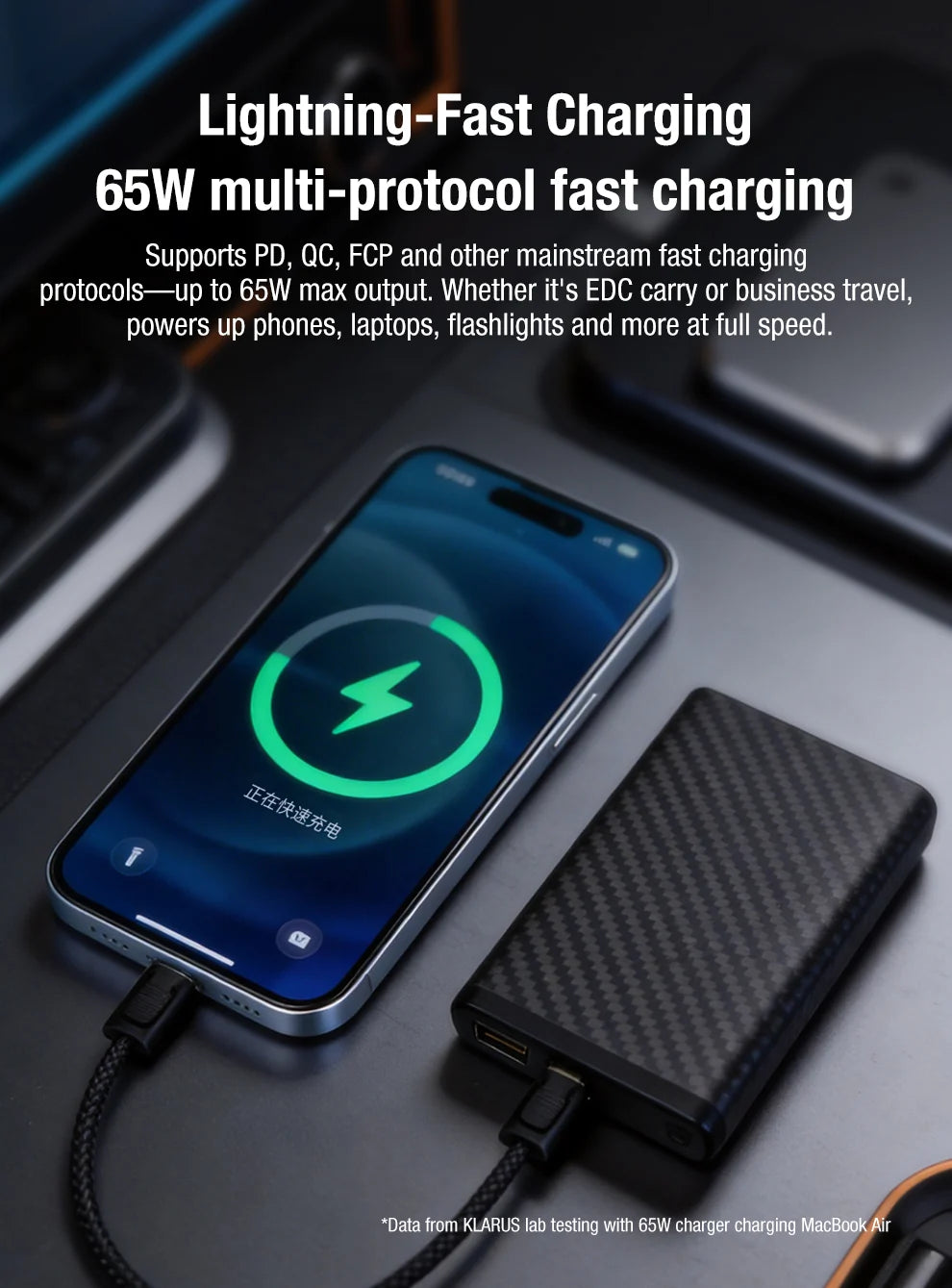 Klarus KC01 65W USB-C Braided Charging and Data Cable Keychain Lanyard