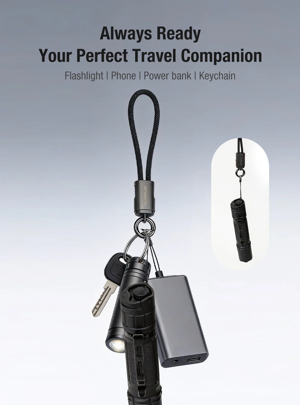 Klarus KC01 65W USB-C Braided Charging and Data Cable Keychain Lanyard