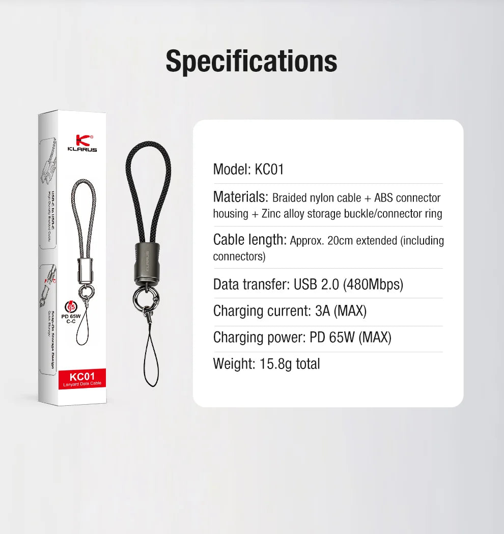 Klarus KC01 65W USB-C Braided Charging and Data Cable Keychain Lanyard