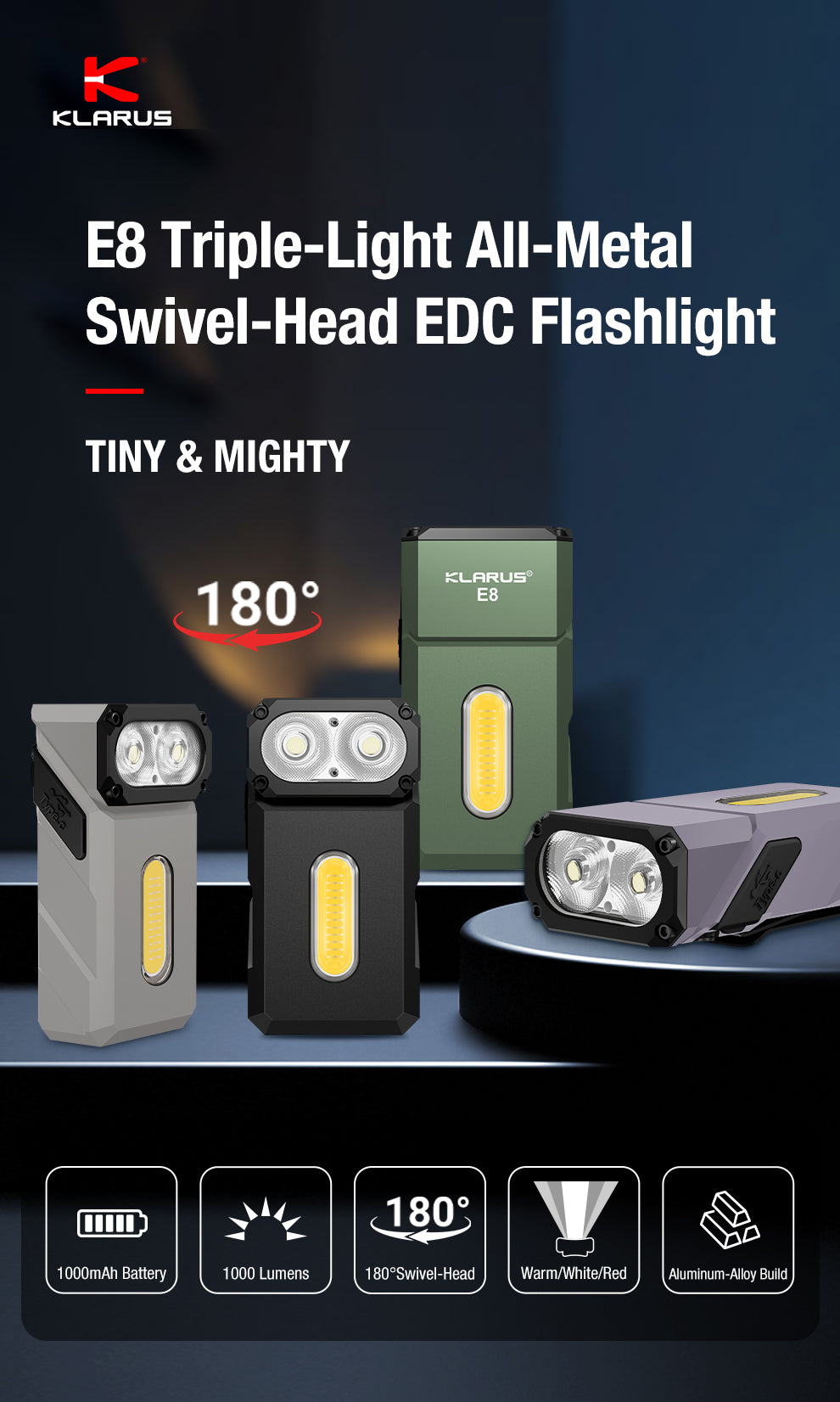 Klarus E8 Triple-Light Swivel-Head EDC Torch Black - 1000 Lumens