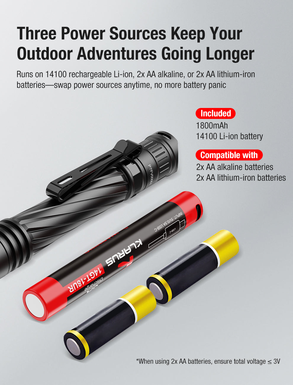 Klarus P2 EDC 2AA Flashlight - 1000 Lumens, 270 Metres