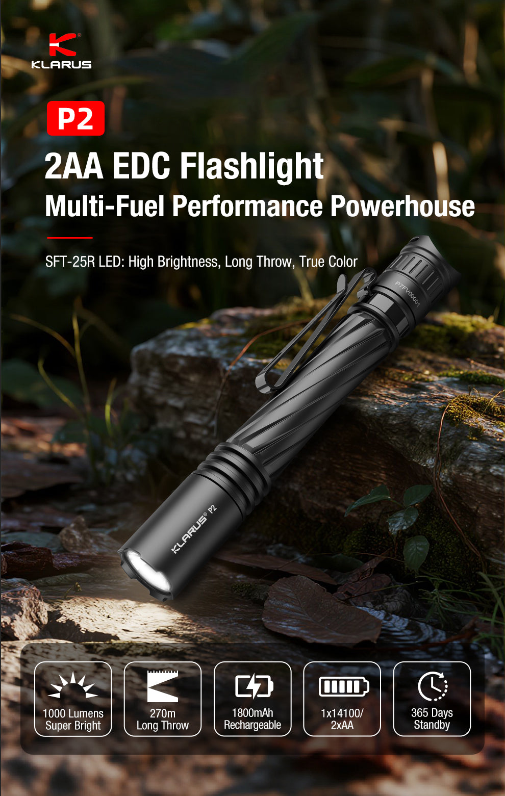 Klarus P2 EDC 2AA Flashlight - 1000 Lumens, 270 Metres