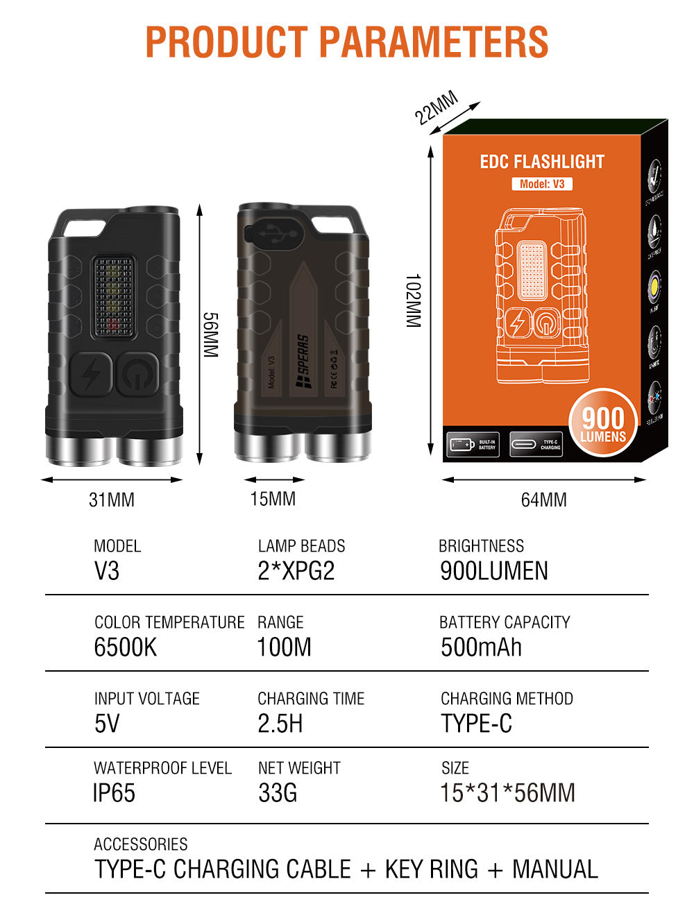 SPERAS V3 900 Lumen Rechargeable Multifunctional Keychain Flashlight - 100 Metres
