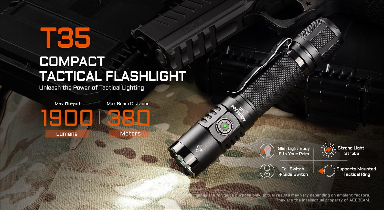 AceBeam T35 Desert 1900 Lumen Rechargeable Compact Tactical Flashlight - 380 Metres