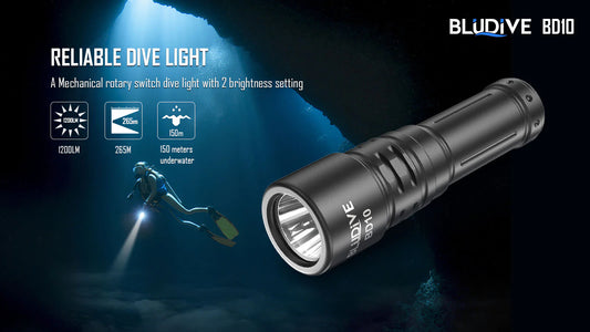 BluDive BD10 1200 Lumen Diving Light with Rotary Switch - 150 Metres Diving Depth