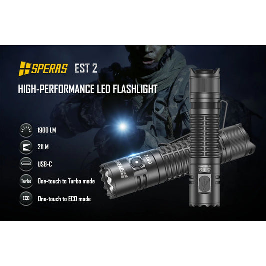 SPERAS EST2 1900 Lumen Compact USB-C Rechargeable Flashlight - 211 Metres