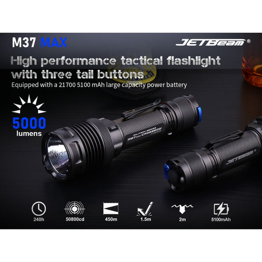JETBeam M37 Max 5000 Lumen Rechargeable Triple Switch Tactical Flashlight - 450 Metres