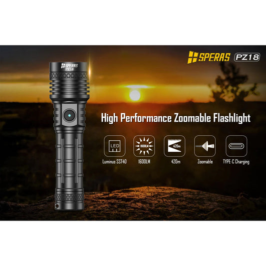 SPERAS PZ18 1600 Lumen Rechargeable Zoomable Flashlight - 420 Metres