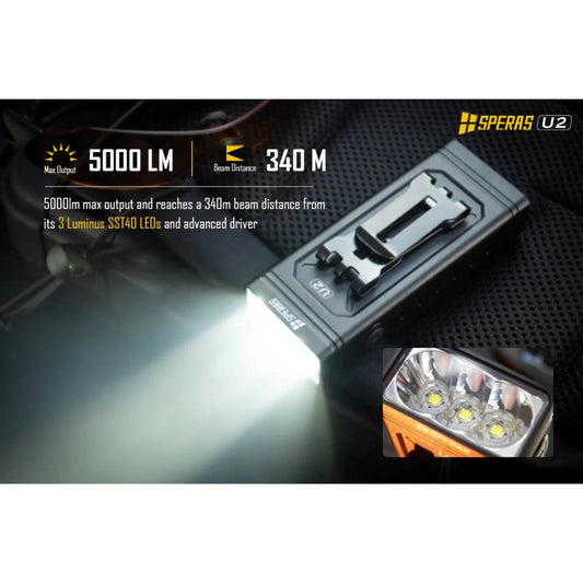 SPERAS U2 5000 Lumen Rechargeable Flashlight/Bike Light with Power Bank Function - 340 Metres