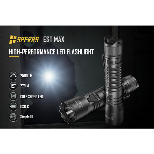 SPERAS EST Max 2500 Lumen Rechargeable Flashlight - 279 Metres