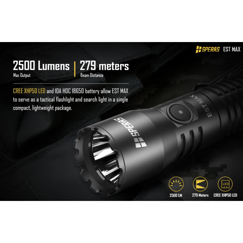 SPERAS EST Max 2500 Lumen Rechargeable Flashlight - 279 Metres