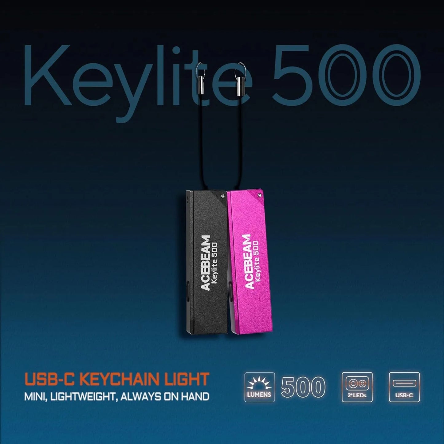 AceBeam Keylite 500 500 Lumen USB-C Keychain Light Black - 70 Metres