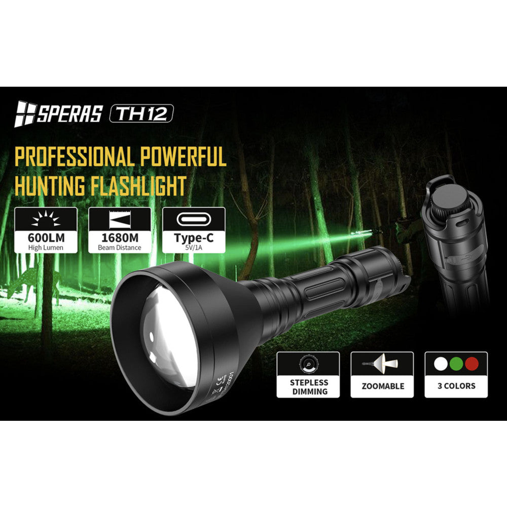 SPERAS TH12K 600 Lumen Rechargeable Focusable Hunting Flashlight Kit - 1680 Metres