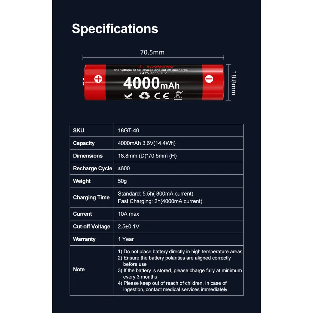 Klarus 18GT-40 18650 Rechargeable 4000mAh 3.6V Li-ion Battery