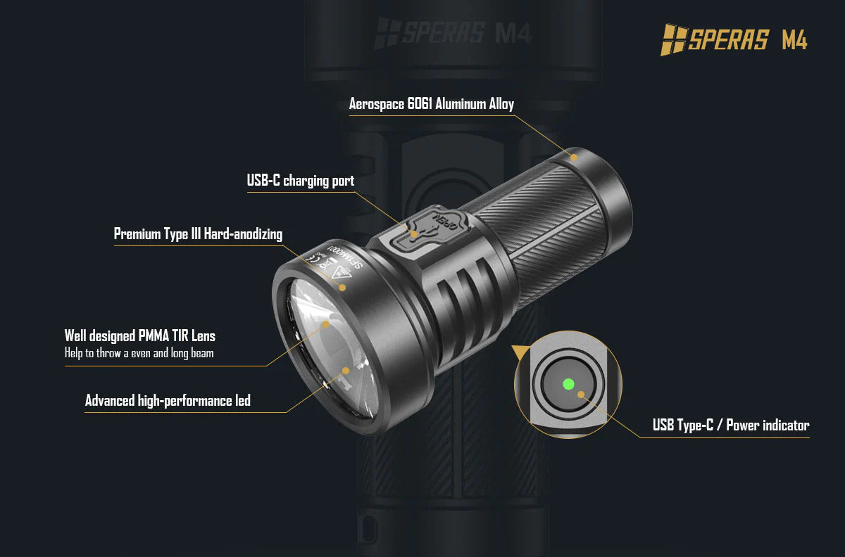 SPERAS M4 1320 Lumen Mini Rechargeable EDC Flashlight - 652 Metres