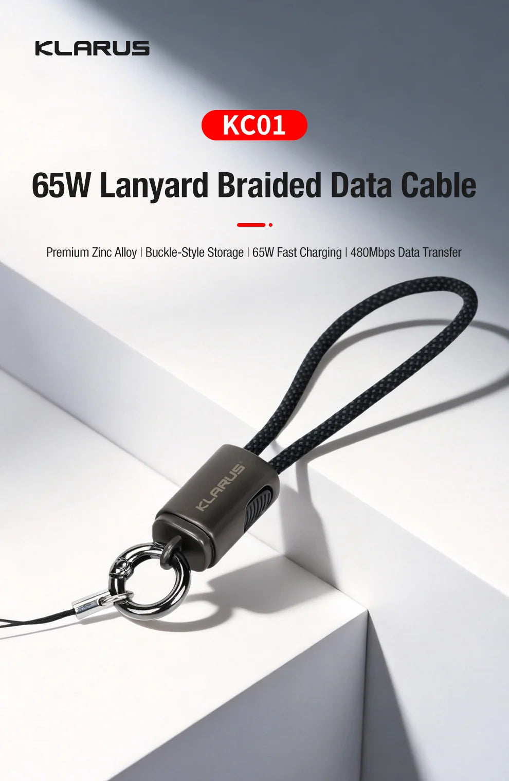 Klarus KC01 65W USB-C Braided Charging and Data Cable Keychain Lanyard
