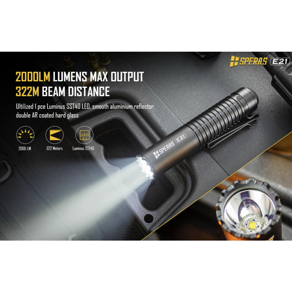 SPERAS E21 2000 Lumen Compact USB-C Rechargeable Flashlight - 322 Metres