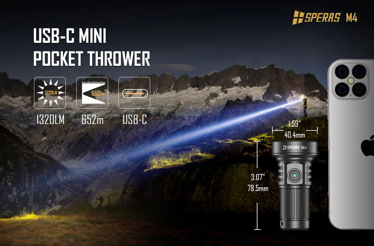 SPERAS M4 1320 Lumen Mini Rechargeable EDC Flashlight - 652 Metres