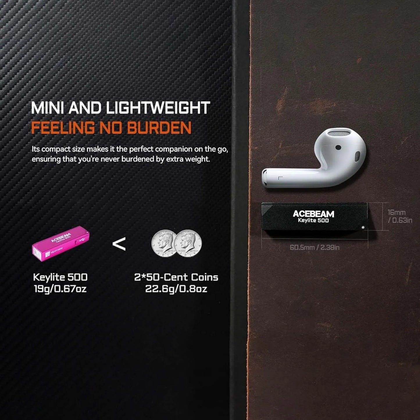 AceBeam Keylite 500 500 Lumen USB-C Keychain Light Black - 70 Metres