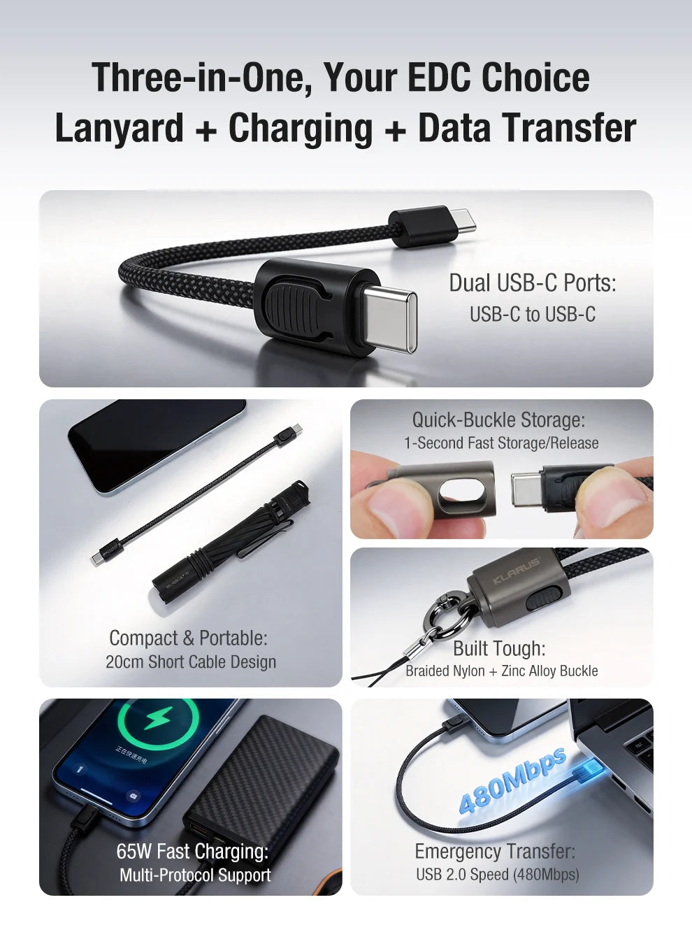 Klarus KC01 65W USB-C Braided Charging and Data Cable Keychain Lanyard