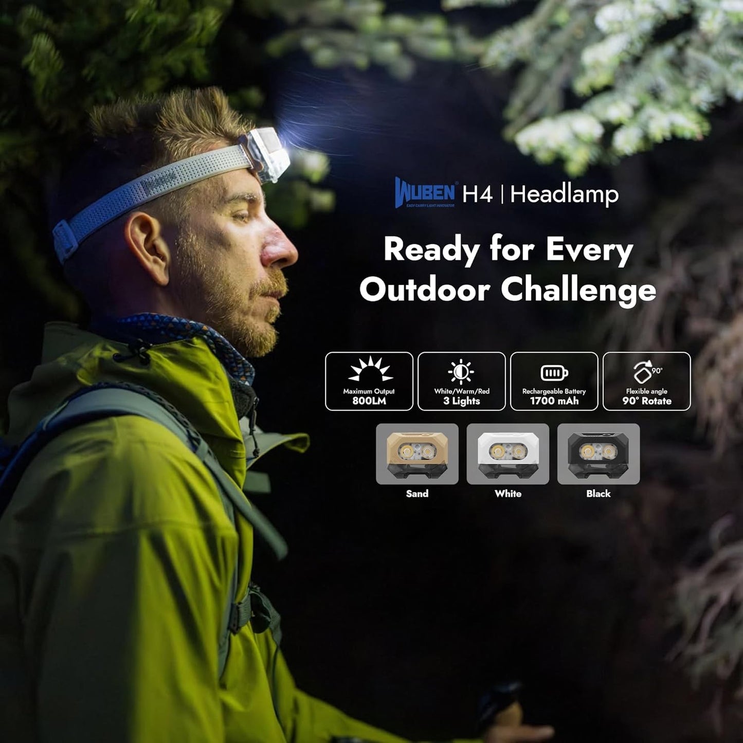 Wuben H4 Rechargeable Multi-Function Headlamp – 800 Lumens, 66 Metres (White)