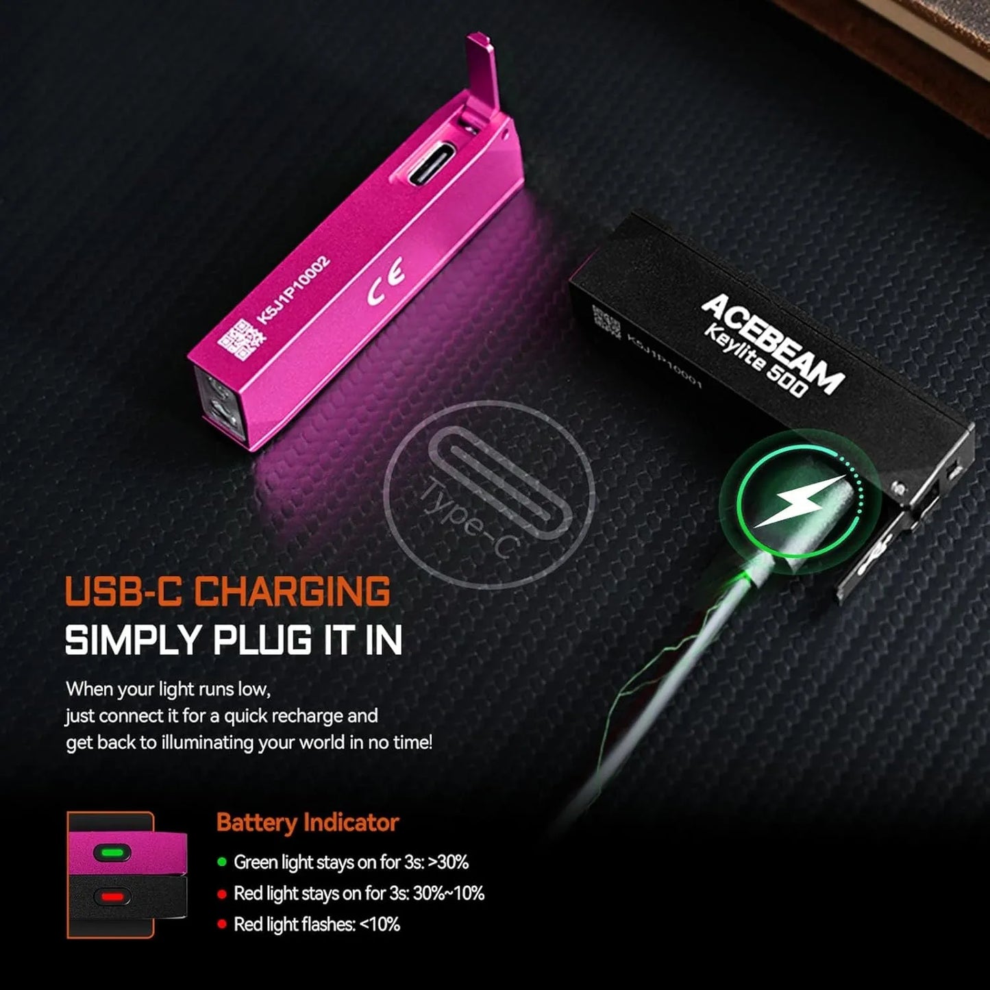 AceBeam Keylite 500 500 Lumen USB-C Keychain Light Black - 70 Metres