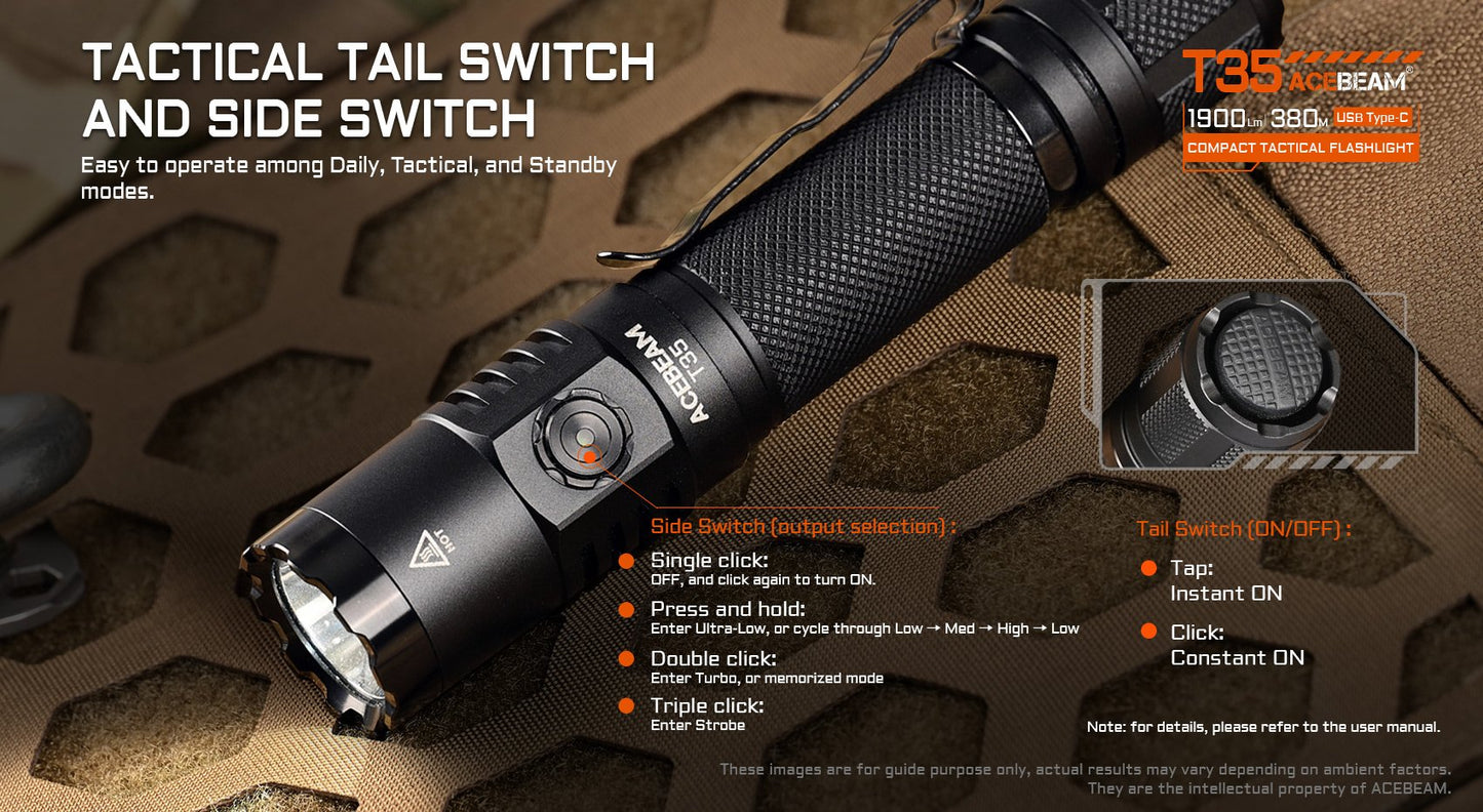 AceBeam T35 Desert 1900 Lumen Rechargeable Compact Tactical Flashlight - 380 Metres